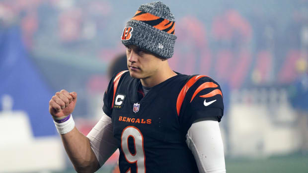 Cincinnati Bengals quarterback Joe Burrow (9) walks to the locker room at the conclusion of a Week 9 NFL football game between the Buffalo Bills and the Cincinnati Bengals, Monday, Nov. 6, 2023, at Paycor Stadium in Cincinnati.  